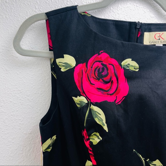 Grace Karin pink roses floral dress in black color scoop neck bouffant circular - Picture 5 of 7